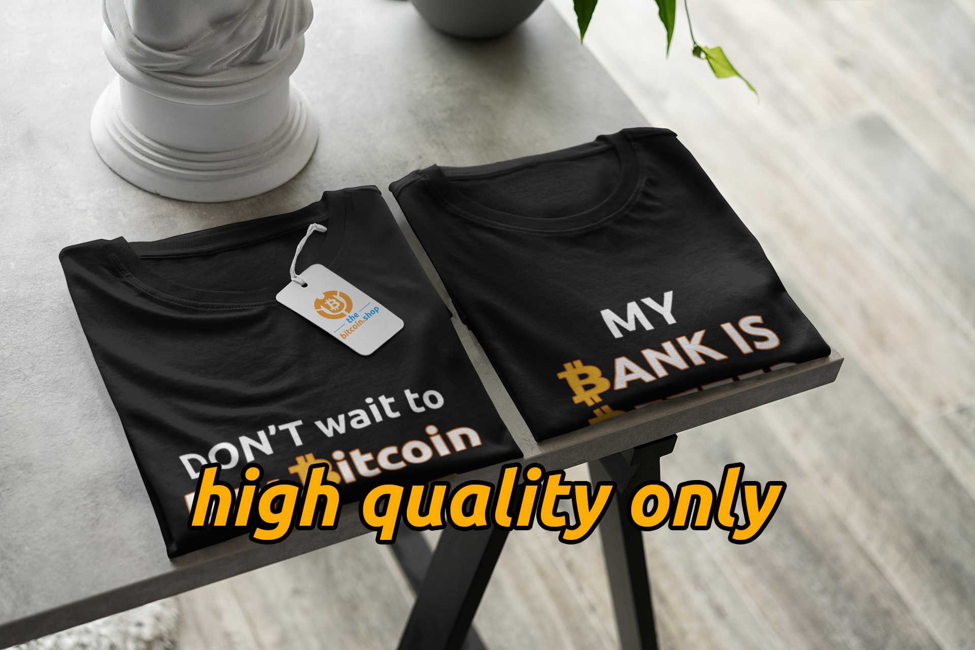 mockup of a pair of folded tees in a store with a prize tag 378 el