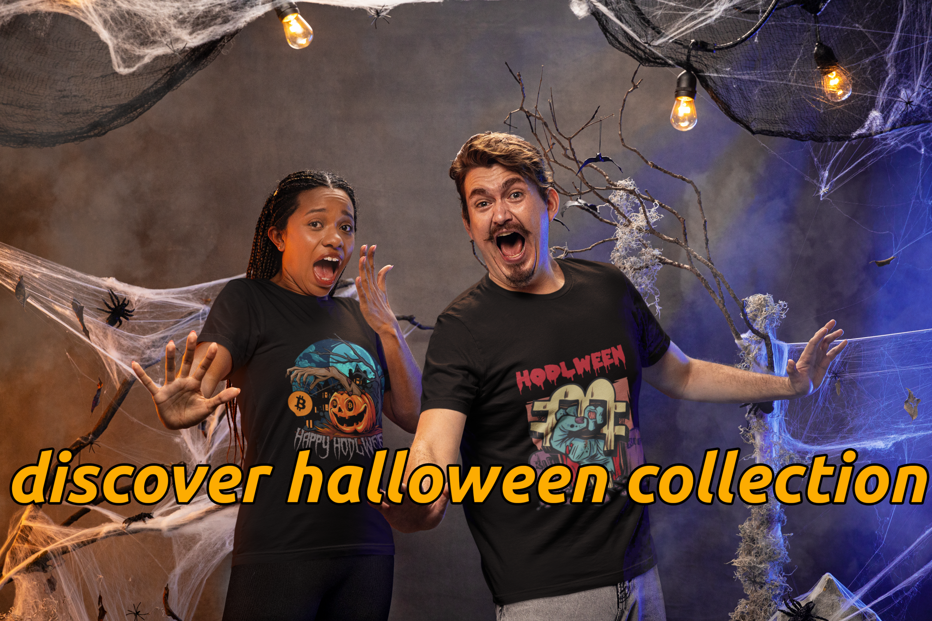 halloween themed mockup of a man and a woman wearing matching bella canvas t shirts m51239 2